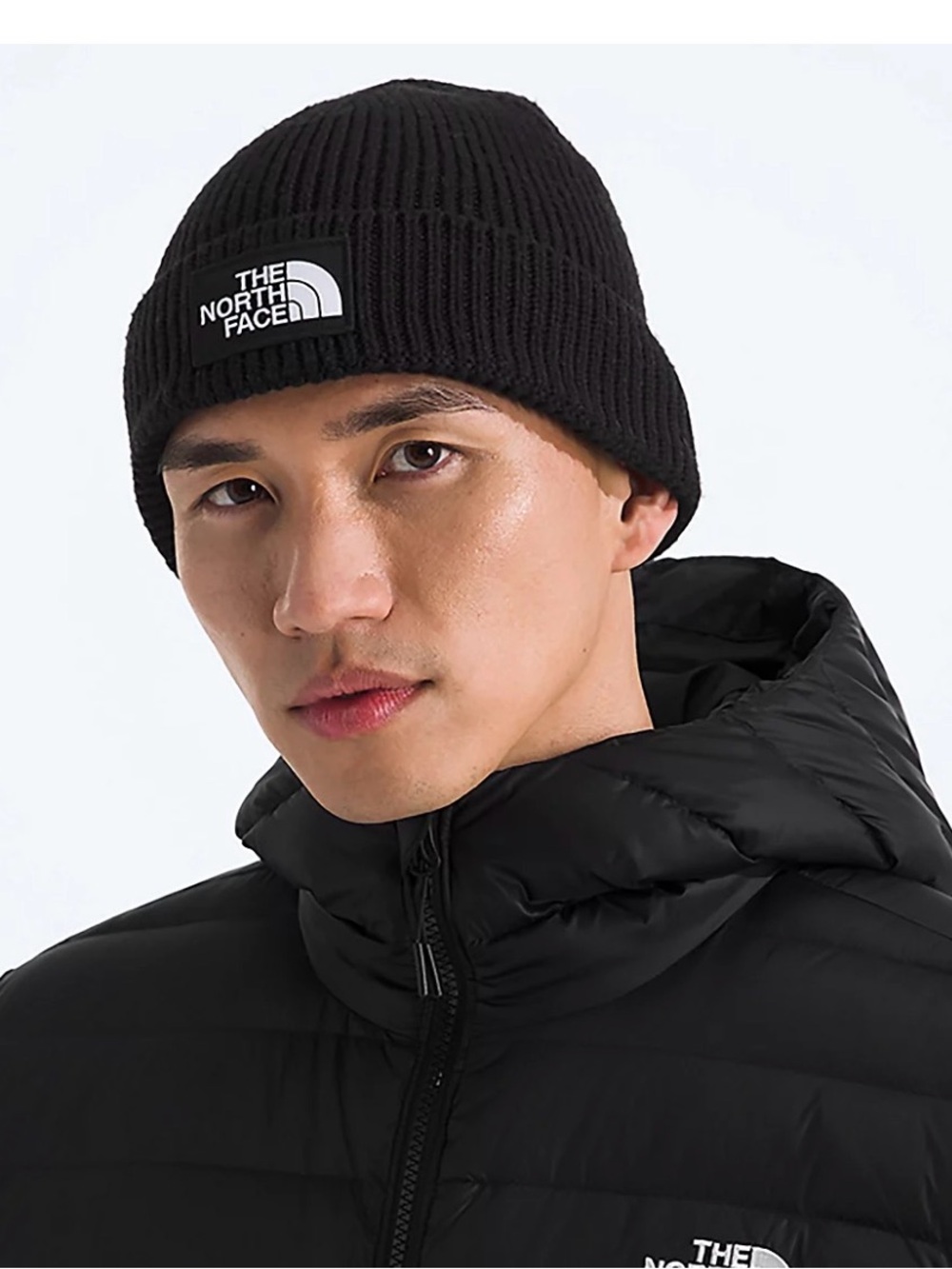 The North Face Black Ribbed Knit Beanie with Logo Patch OS